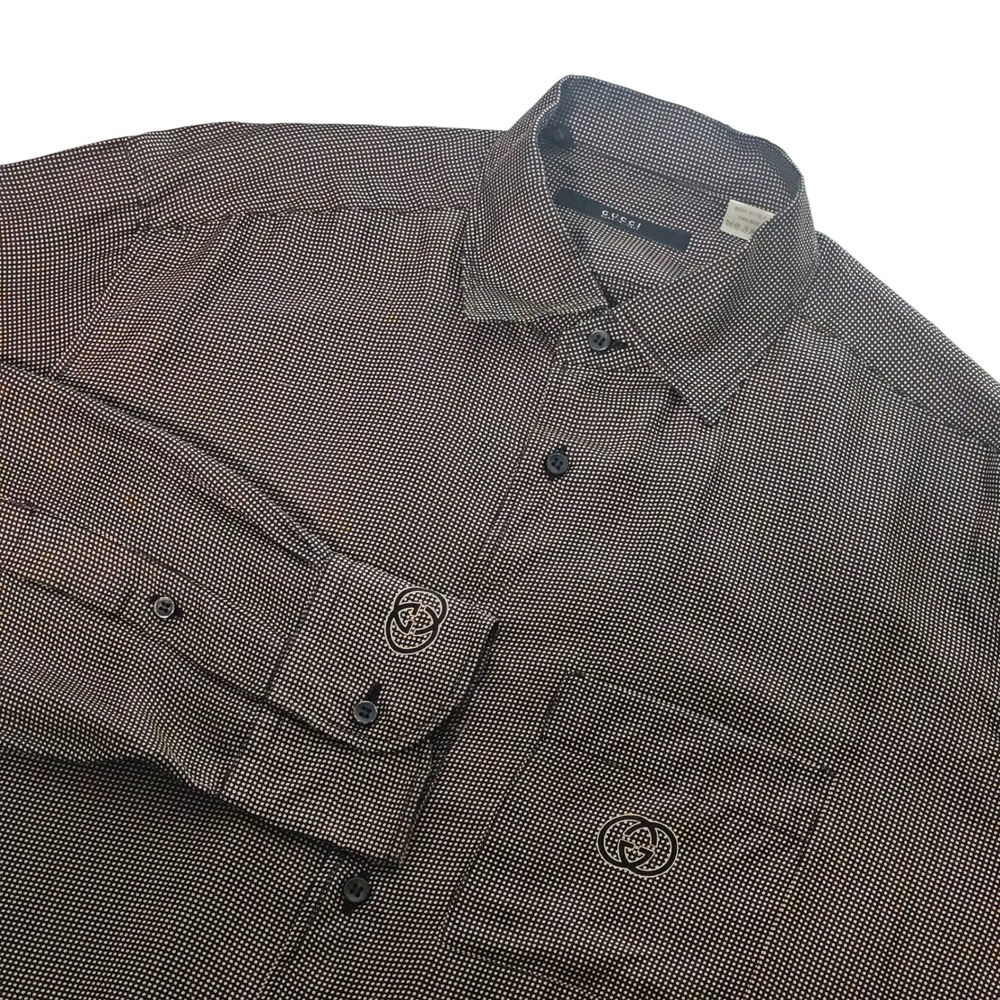 Gucci Mens Silk Button Down Shirt 43/17 Brown Micro Dot GG Logo Pocket Italy